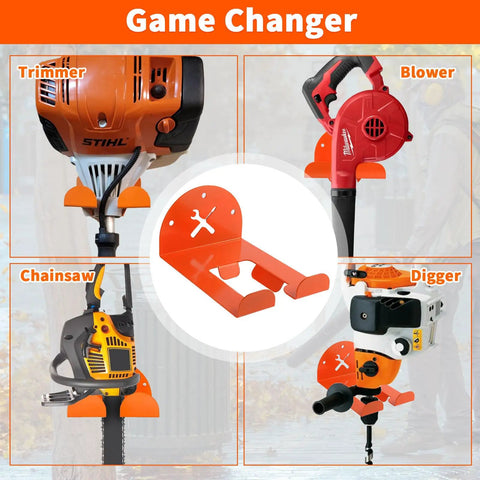 Image of a heavy-duty 8-Inch Vertical Trimmer Rack Wall Mount holding a trimmer, blower, chainsaw, and digger, shown in orange.
