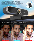 Solid 1080P Web Cam With Built In Mic And Privacy Cover For Usb Pc Or Laptop showcasing 360° rotation and automatic light correction features.