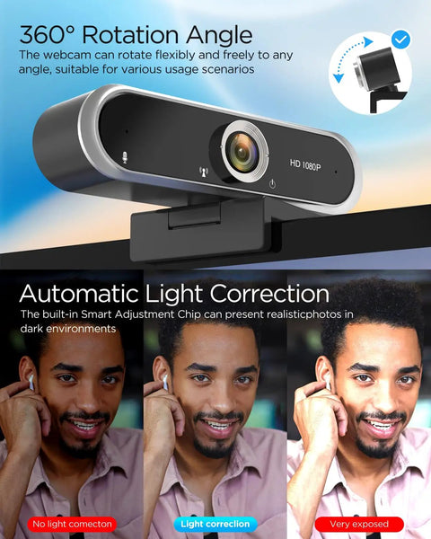 Solid 1080P Web Cam With Built In Mic And Privacy Cover For Usb Pc Or Laptop showcasing 360° rotation and automatic light correction features.
