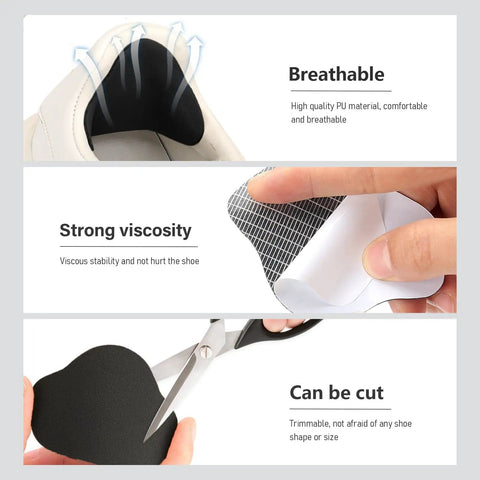 Self Adhesive Heel Patches For Sneakers And Boots, 6 Pairs Thin Microfiber Leather Repair Patches shown with cutting and adhesive features.