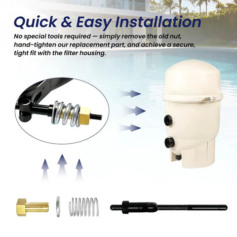 Two Piece 194997 Machined Nut Replacement Bolt Compatible With Pentair Pool And Spa De Filters Fns Fns Plus Clean And Clear Quad Kits Solid Build Killer Seal No Sweat Install Backyard Swim Ready parts layout showing quick installation components.