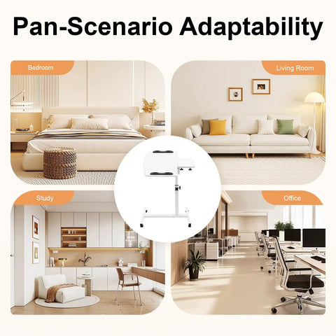 Adjustable Height Rolling Standing Desk With Locked Down Casters And Swivel Surface Lightweight Mobile Laptop Table For Home Office Over Bed with different room setups.