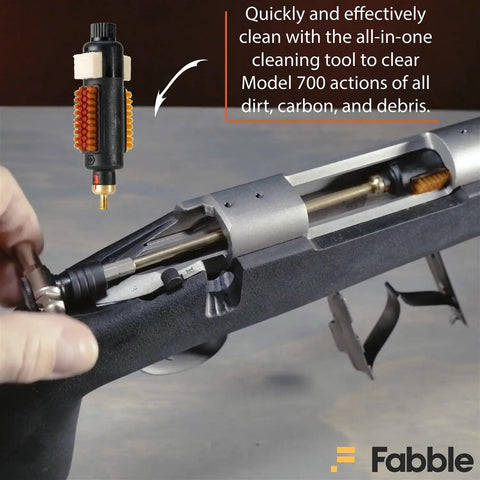 Badass Bolt Action Cleaner Bundle For Model 700 Platform With Quick Action Brush shown cleaning bolt action rifle action.