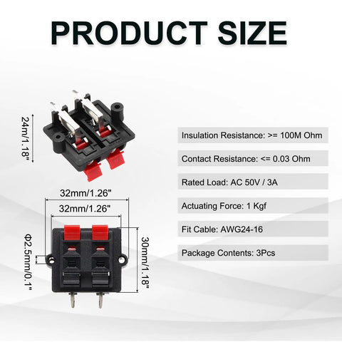 Four Way Spring Terminal Clip Push Release Connector Plate Jack Socket for Speaker Wiring, size details, durable build