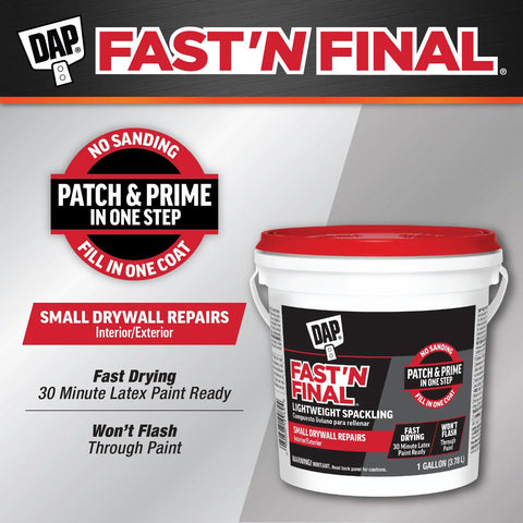 Fast N Final Lightweight Spackling Patch And Prime In One Step For Walls White Gallon, product shown on shelf with labels.