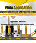 Two Pack M10 X 1.25 Thread Tap Set HSS showing wide application for various materials like steel and aluminum.