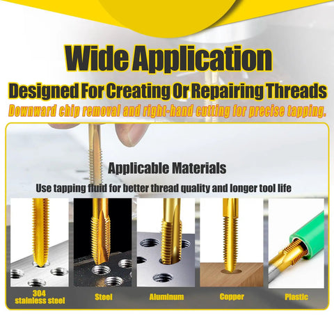 Two Pack M10 X 1.25 Thread Tap Set HSS showing wide application for various materials like steel and aluminum.