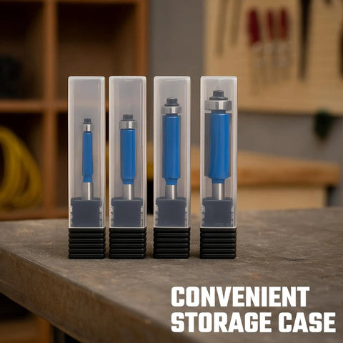 Top Bearing Flush Trim Router Bit Set, 4 Pieces, visible in storage case on workbench with background tools.