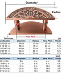 Decorative metal gate handle with intricate design, showing dimensions for diameter, radius, hole pitch, and thickness.