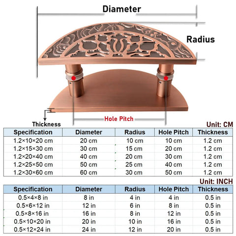 Decorative metal gate handle with intricate design, showing dimensions for diameter, radius, hole pitch, and thickness.