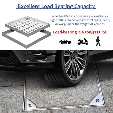 Stainless Steel Invisible Manhole Cover With Handles, Recessed Square Inspection Lid for Lawn, Garden, and Pavement, installed under vehicle.