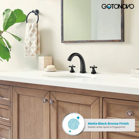 8 Inch Widespread Matte Black Bathroom Faucet With 3 Hole Deck Mount in stylish bathroom setting