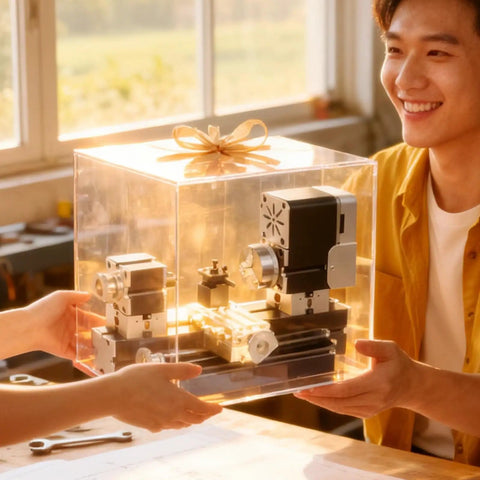 Gifted All Metal Elevated Mini Lathe 36W 20,000RPM Desktop Metal And Wood Turning Machine for DIY Projects displayed in clear box.