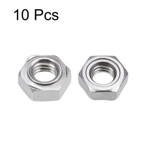 Workhorse Hex Weld Nuts 3/8-16 Carbon Steel Fasteners Featuring Three Grip Projections For Tough As Nails Connections On Shop Furniture Trucks And Hot Rod Builds Daily Driver Upgrade Kit 10 Piece Set, showing two nuts from a ten pack.