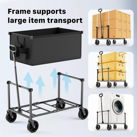 Heavy Duty Collapsible Wagon Cart With 29.3 Inch Body 150L Capacity And 260 Lb Load Beastly Rolling Cart For Garden Groceries Sports Gear Camping Black shown with carrying frame and various items