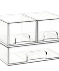 3 Pack Clear Acrylic Stackable Storage Drawers For Makeup And Bathroom Organizer Sleek Vanity Bins showing transparent bins for cosmetics.