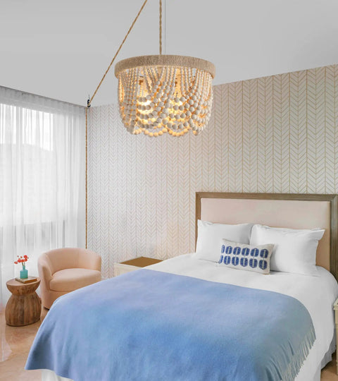 Boho Beaded Flush Mount Ceiling Light 3 Light Fixture In Rustic Antique White Wood Beads in a cozy bedroom setting.