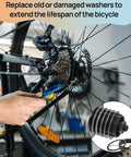 Mechanic adjusting bike with Seven Size Bike Headset Spacers Set For Mountain And Road Bikes and 7 aluminum washers displayed