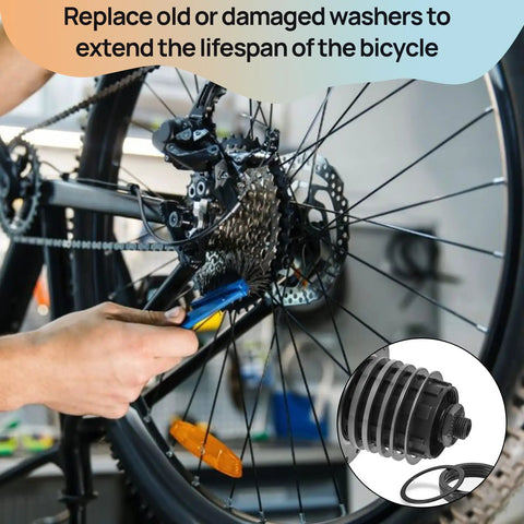 Mechanic adjusting bike with Seven Size Bike Headset Spacers Set For Mountain And Road Bikes and 7 aluminum washers displayed