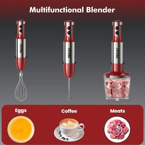 Heavy Duty Immersion Blender Handheld 20 Speed 5 In 1 Kitchen Mixer with whisk and chopping bowl for smoothies and soups.
