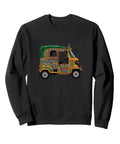 Sick Pakistani Truck Art Rickshaw Graphic Sweatshirt With Bold Urdu Calligraphy And Desi Cultural Vibes on black pullover.