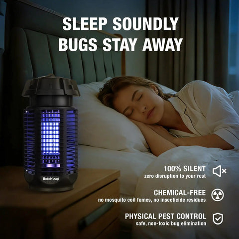 High Power Mosquito Zapper For Indoor Outdoor Use 20W 4200V Instant Grid Chemical Free And Kid Safe And Pet Friendly Covers Half Acre Perfect For Patio Backyard And Home 2 Pack on bedside table near sleeping woman