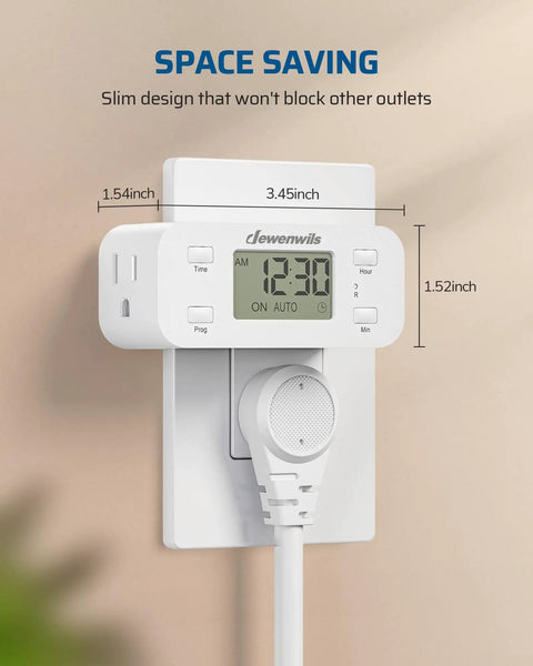 Indoor Programmable Digital Timer Outlet Plug Two Pack 24 Hour Schedule Switch, slim design, measurements on wall, features display.
