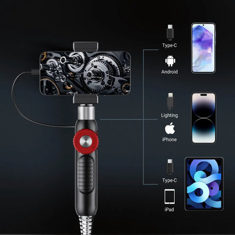 Two-Way Endoscope With Light And 360 Degree Rotation Workhorse Pro Grade Borescope connected to various devices