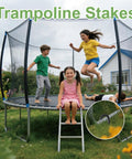 Children playing on trampoline secured by 16 Pack 12 Inch J Hook Ground Stakes Heavy Duty Steel Anchors For Tents Fences Trampolines.