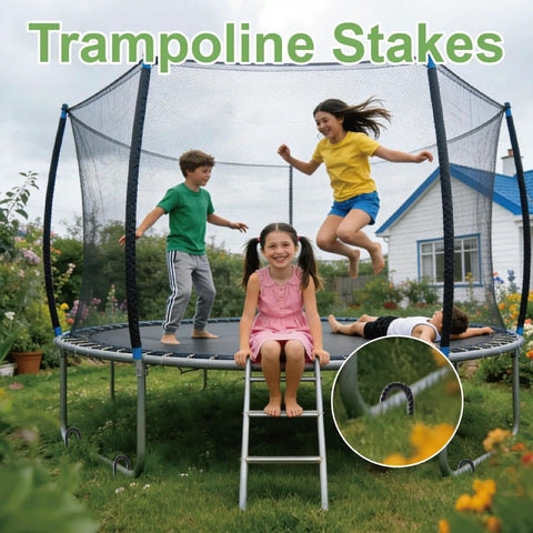 Children playing on trampoline secured by 16 Pack 12 Inch J Hook Ground Stakes Heavy Duty Steel Anchors For Tents Fences Trampolines.