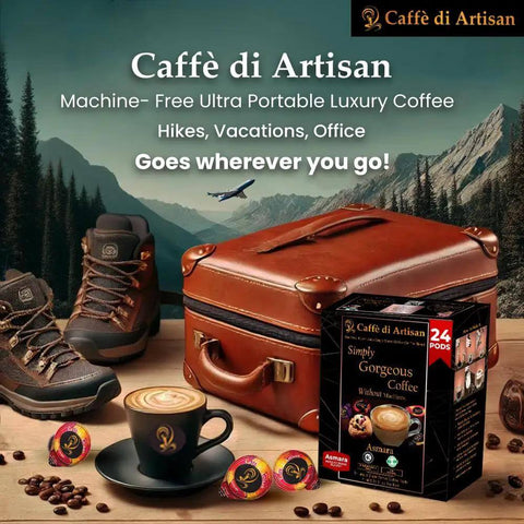 Liquid Coffee Pods For Cold Brew, Iced Coffee And Hot Coffee, No Machine Needed beside suitcase and hiking boots