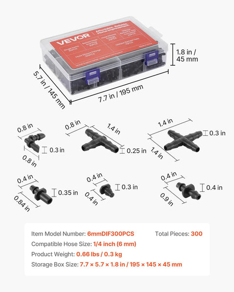 Ultimate 300 Piece Drip Irrigation Fittings Kit with barbed tees, straight connectors, and more, in plastic box shown.
