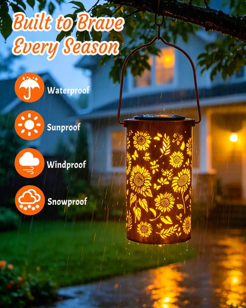 Sunflower Solar Lanterns Outdoor Waterproof Hanging Lights For Yard Patio Porch Garden Decor with vintage cutout patterns.