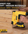 Badass Two In One Cordless Brad Nailer And Quarter Crown Stapler in use on wood, ideal for light and medium materials.