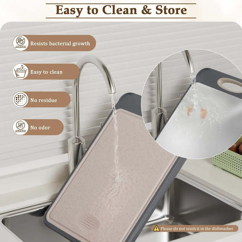2 In 1 Stainless Steel And Wheat Straw Cutting Board For Kitchen shown being cleaned under the faucet, highlighting easy to clean features.