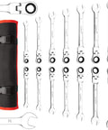 14-Piece Flex-Head Ratcheting Wrench Set With 72-Tooth Cr-V Steel Wrenches, SAE And Metric, displayed with storage bag