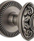 Passage Door Hardware Set With Antique Pewter Newport Rosette And Grande Victorian Knob, Two And Three Eighths Backset, Easy Install