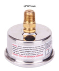 Fuel pressure gauge with chrome metal case and brass 1/8 NPT male fitting on top; warning label visible