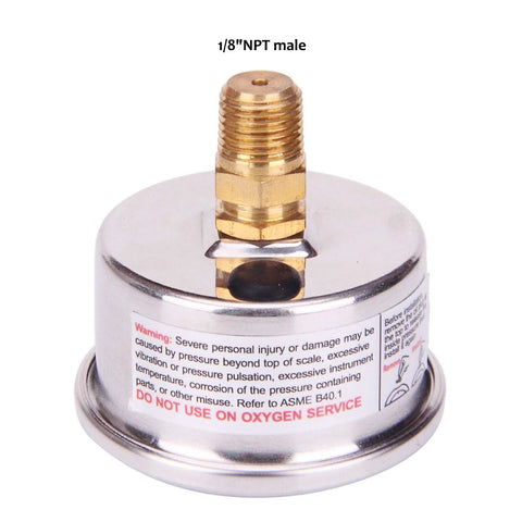 Fuel pressure gauge with chrome metal case and brass 1/8 NPT male fitting on top; warning label visible