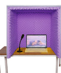 Straight Fire Desktop Soundproof Recording Booth With Heavy Duty Acoustic Foam Vocal Shield on a desk with a laptop and microphone.