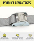 Close-up of Heavy Duty 2x16 Cam Buckle Tie Down Straps Pack of 2 With Spring Fittings showing steel buckle clasp.