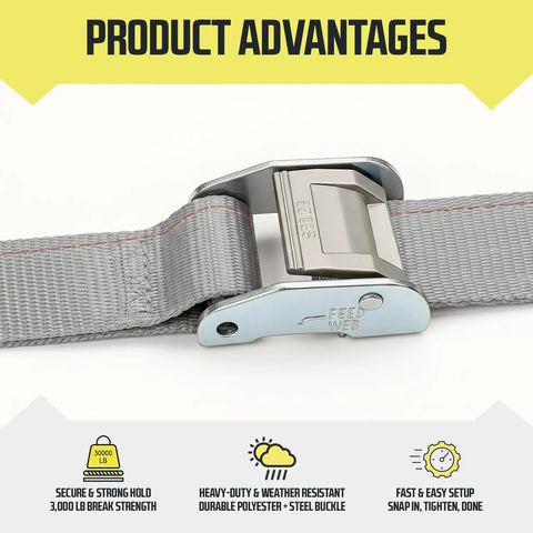 Close-up of Heavy Duty 2x16 Cam Buckle Tie Down Straps Pack of 2 With Spring Fittings showing steel buckle clasp.