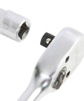 3/8 Inch Drive 6 Point Socket 6mm Metric Beefy Thin Wall Design next to silver ratchet handle, showing knurled grip