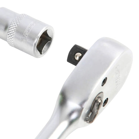 3/8 Inch Drive 6 Point Socket 6mm Metric Beefy Thin Wall Design next to silver ratchet handle, showing knurled grip