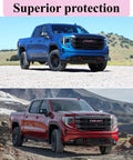 GMC Sierra 1500 trucks with Red Tow Hook Covers Set for 2019 2020 2021 2022 2023 2024 2025, front view in outdoor setting.