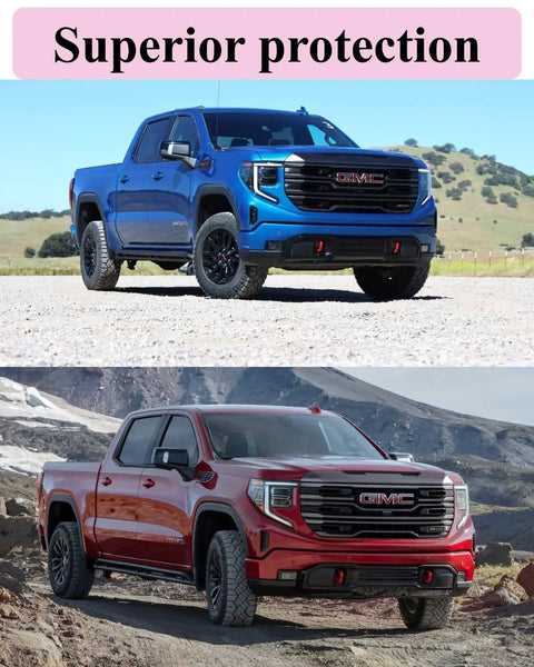 GMC Sierra 1500 trucks with Red Tow Hook Covers Set for 2019 2020 2021 2022 2023 2024 2025, front view in outdoor setting.