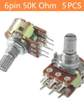 Front view of 5 Pack WH148 50K Potentiometers 6 Pin 15mm Shaft Dual Linear Rotary Pots For Audio Volume Control Light Dimming Motor Speed