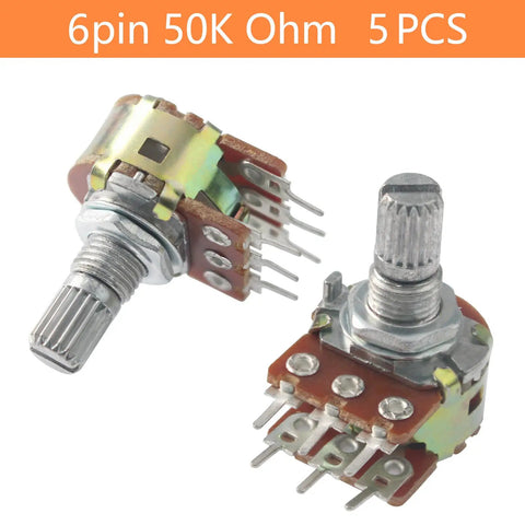 Front view of 5 Pack WH148 50K Potentiometers 6 Pin 15mm Shaft Dual Linear Rotary Pots For Audio Volume Control Light Dimming Motor Speed