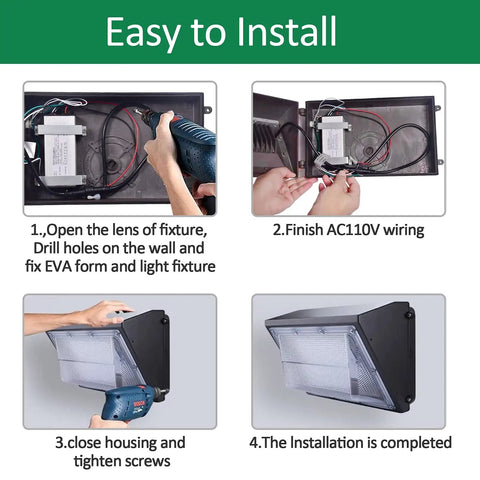Installation steps for 80W LED Wall Pack Light With Dusk To Dawn Photocell, 10,500 Lumens 5000K Daylight Output, AC100-277V Input.