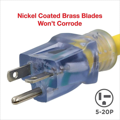 Close-up of Heavy Duty Generator Adapter For 20 Amp T Blade Plug To T Slot With Power Indicator Light 12 Gauge 3 Conductor